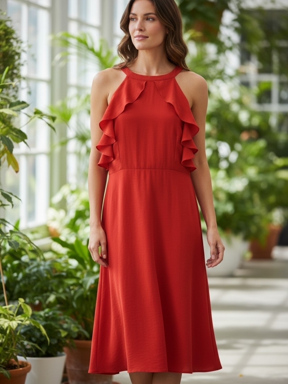 Charlie Paige Coral-Red Ruffle Halter Midi Dress